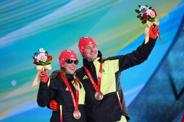 Linn Kazmaier & guide Florian Baumann (GER), MARCH 9, 2022 - Cross Country Skiing : Women s Sprint Free Vision Impaired Medal Ceremony during the Beijing 2022 Paralympic Winter games, Winterspiele,Spiele, Summer games at Zhangjiakou Medal Plaza in Zhangjiakou, Hebei, China.  (182823057)