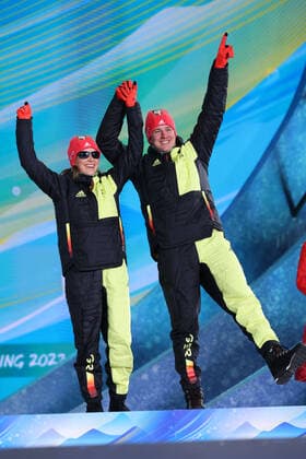 Linn Kazmaier & guide Florian Baumann (GER), MARCH 9, 2022 - Cross Country Skiing : Women s Sprint Free Vision Impaired Medal Ceremony during the Beijing 2022 Paralympic Winter games, Winterspiele,Spiele, Summer games at Zhangjiakou Medal Plaza in Zhangjiakou, Hebei, China.  (182823058)
