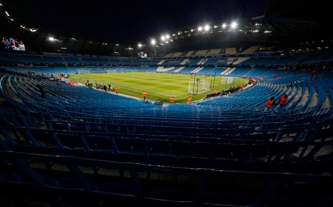Manchester, England, 9th March 2022. General view of the stadium prior to the UEFA Champions League match at the Etihad Stadium, Manchester. Picture credit should read: Andrew Yates Sportimage EDITORIAL USE ONLY. No use with unauthorised audio, video, data, fixture lists, club league logos or live services. Online in-match use limited to 120 images, no video emulation. No use in betting, games or single club league player publications. SPI-1580-0001
