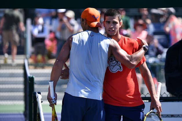 Rafael Nadal and Carlos Alcaraz practicing TENNIS : BNP Paribas Open 2022 - 09 03 2023 AntoineCouvercelle Panoramic 