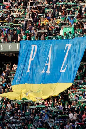 9th March 2022; stadium Benito Villamarin; Sevilla; Spain; UEFA Europa League; Betis vs Eintracht Frankfurt; banner of Paz Ukraine Sevilla Andalucia Spain Futbol Copyright: xManuxGomezx xAgenciaxLOFx
