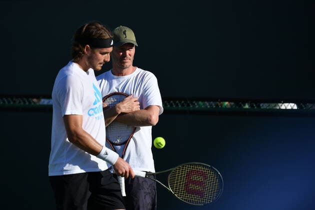 Stefanos Tsitsipas (Gre) and Thomas Enqvist TENNIS : BNP Paribas Open 2022 - 10 03 2023 AntoineCouvercelle Panoramic 