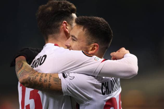 Bergamo, Italy, 10th March 2022. Charles Aranguiz of Bayer Leverkusen celebrates with team mates after scoring to give the side a 1-0 lead during the UEFA Europa League match at Gewiss Stadium, Bergamo. Picture credit should read: Jonathan Moscrop Sportimage EDITORIAL USE ONLY. No use with unauthorised audio, video, data, fixture lists, club league logos or live services. Online in-match use limited to 120 images, no video emulation. No use in betting, games or single club league player publications. SPI-1574-0012