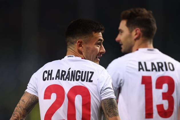 Bergamo, Italy, 10th March 2022. Charles Aranguiz of Bayer Leverkusen celebrates with team mates after scoring to give the side a 1-0 lead during the UEFA Europa League match at Gewiss Stadium, Bergamo. Picture credit should read: Jonathan Moscrop Sportimage EDITORIAL USE ONLY. No use with unauthorised audio, video, data, fixture lists, club league logos or live services. Online in-match use limited to 120 images, no video emulation. No use in betting, games or single club league player publications. SPI-1574-0015