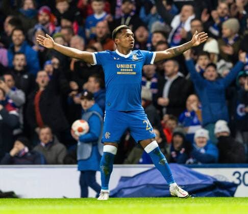 Mandatory Credit: Photo by Luke Nickerson Rangers FC Shutterstock (12843267bb) Rangers Forward Alfredo Morelos celebrates scoring his sides second goal Rangers v Red Star Belgrade, Europa League, Round of 16, First Leg, Football, Ibrox Stadium, Glasgow, UK - 10 Mar 2022 EDITORIAL USE ONLY No use with unauthorised audio, video, data, fixture lists, club league logos or live services. Online in-match use limited to 120 images, no video emulation. No use in betting, games or single club league player publications. Rangers v Red Star Belgrade, Europa League, Round of 16, First Leg, Football, Ibrox Stadium, Glasgow, UK - 10 Mar 2022 EDITORIAL USE ONLY No use with unauthorised audio, video, data, fixture lists, club league logos or live services. Online in-match use limited to 120 images, no video emulation. No use in betting, games or single club league player publications. Copyright: xLukexNickerson RangersxFC Shutterstockx 12843267bb