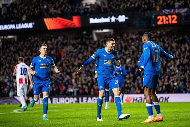 Mandatory Credit: Photo by Kirk O Rourke Rangers FC Shutterstock (12843268fa) Leon Balogun of Rangers celebrates his goal with Joe Aribo during the Europa League match at Ibrox Stadium, Glasgow. Rangers v Red Star Belgrade, Europa League, Round of 16, First Leg, Football, Ibrox Stadium, Glasgow, UK - 10 Mar 2022 EDITORIAL USE ONLY No use with unauthorised audio, video, data, fixture lists, club league logos or live services. Online in-match use limited to 120 images, no video emulation. No use in betting, games or single club league player publications. Rangers v Red Star Belgrade, Europa League, Round of 16, First Leg, Football, Ibrox Stadium, Glasgow, UK - 10 Mar 2022 EDITORIAL USE ONLY No use with unauthorised audio, video, data, fixture lists, club league logos or live services. Online in-match use limited to 120 images, no video emulation. No use in betting, games or single club league player publications. Copyright: xKirkxO Rourke RangersxFC Shutterstockx 12843268fa