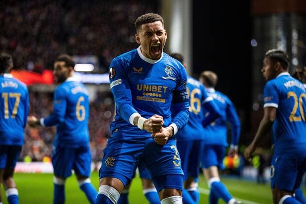 Mandatory Credit: Photo by Kirk O Rourke Rangers FC Shutterstock (12843268fq) Rangers captain James Tavernier celebrates his goal during the Europa League match at Ibrox Stadium, Glasgow. Rangers v Red Star Belgrade, Europa League, Round of 16, First Leg, Football, Ibrox Stadium, Glasgow, UK - 10 Mar 2022 EDITORIAL USE ONLY No use with unauthorised audio, video, data, fixture lists, club league logos or live services. Online in-match use limited to 120 images, no video emulation. No use in betting, games or single club league player publications. Rangers v Red Star Belgrade, Europa League, Round of 16, First Leg, Football, Ibrox Stadium, Glasgow, UK - 10 Mar 2022 EDITORIAL USE ONLY No use with unauthorised audio, video, data, fixture lists, club league logos or live services. Online in-match use limited to 120 images, no video emulation. No use in betting, games or single club league player publications. Copyright: xKirkxO Rourke RangersxFC Shutterstockx 12843268fq