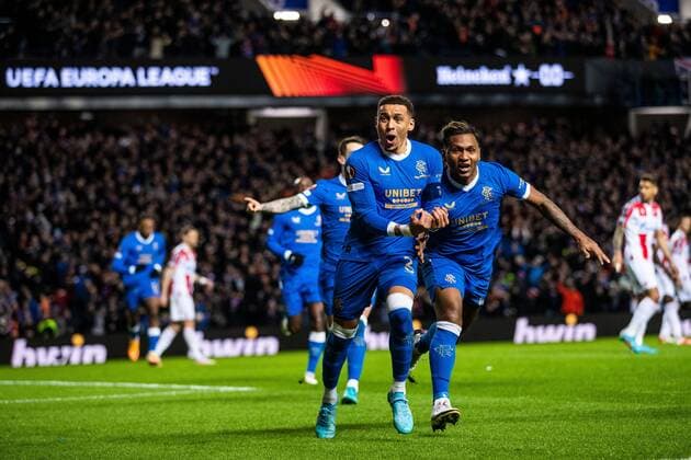 Mandatory Credit: Photo by Kirk O Rourke Rangers FC Shutterstock (12843268fz) Rangers captain James Tavernier celebrates his goal during the Europa League match at Ibrox Stadium, Glasgow. Rangers v Red Star Belgrade, Europa League, Round of 16, First Leg, Football, Ibrox Stadium, Glasgow, UK - 10 Mar 2022 EDITORIAL USE ONLY No use with unauthorised audio, video, data, fixture lists, club league logos or live services. Online in-match use limited to 120 images, no video emulation. No use in betting, games or single club league player publications. Rangers v Red Star Belgrade, Europa League, Round of 16, First Leg, Football, Ibrox Stadium, Glasgow, UK - 10 Mar 2022 EDITORIAL USE ONLY No use with unauthorised audio, video, data, fixture lists, club league logos or live services. Online in-match use limited to 120 images, no video emulation. No use in betting, games or single club league player publications. Copyright: xKirkxO Rourke RangersxFC Shutterstockx 12843268fz