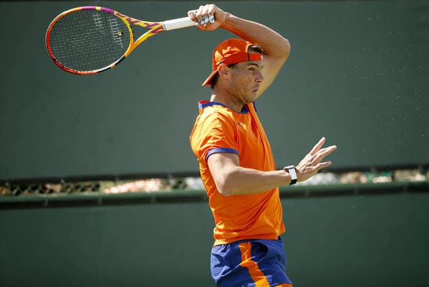 Mandatory Credit: Photo by Ella Ling Shutterstock (12842975bc) Rafael Nadal of Spain in action during practice BNP Paribas Open, Tennis, Day 2, Indian Wells Tennis Garden, California, USA - 10 Mar 2022 BNP Paribas Open, Tennis, Day 2, Indian Wells Tennis Garden, California, USA - 10 Mar 2022 Copyright: xEllaxLing Shutterstockx 12842975bc
