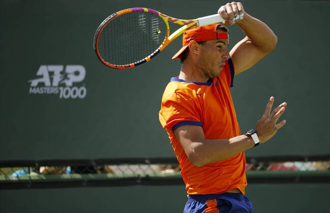 Mandatory Credit: Photo by Ella Ling Shutterstock (12842975ay) Rafael Nadal of Spain in action during practice BNP Paribas Open, Tennis, Day 2, Indian Wells Tennis Garden, California, USA - 10 Mar 2022 BNP Paribas Open, Tennis, Day 2, Indian Wells Tennis Garden, California, USA - 10 Mar 2022 Copyright: xEllaxLing Shutterstockx 12842975ay