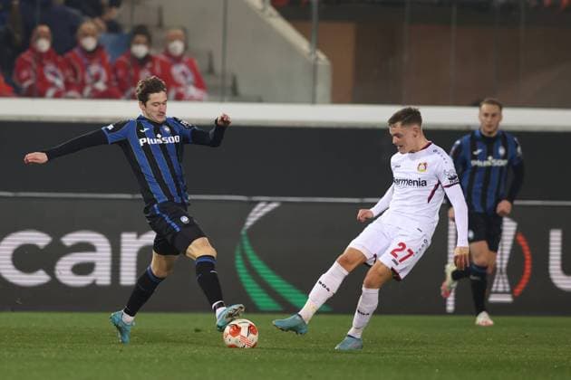 Bergamo, Italy, 10th March 2022. Aleksej Miranchuk of Atalanta challenges Florian Wirtz of Bayer Leverkusen during the UEFA Europa League match at Gewiss Stadium, Bergamo. Picture credit should read: Jonathan Moscrop Sportimage EDITORIAL USE ONLY. No use with unauthorised audio, video, data, fixture lists, club league logos or live services. Online in-match use limited to 120 images, no video emulation. No use in betting, games or single club league player publications. SPI-1574-0122