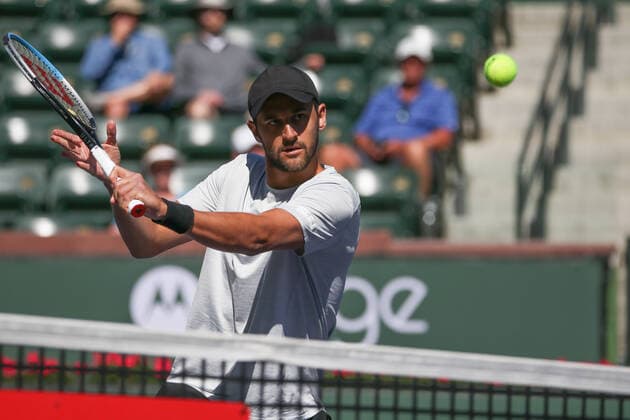 INDIAN WELLS, CA - MARCH 11: Mate Pavic (CRO) hits a volley during the BNP Paribas Open on March 11, 2022 at Indian Wells Tennis Garden in Indian Wells, CA. (Photo by George Walker Icon Sportswire) TENNIS: MAR 11 BNP Paribas Open Icon220311031