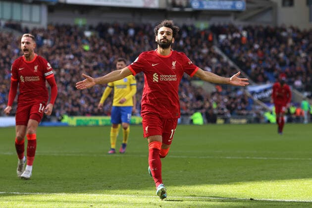 Brighton v Liverpool 12 March 2022, Brighton - Premier League Football - Brighton & Hove Albion v Liverpool - Mohamed Salah of Liverpool celebrates scoring their 2nd goal from the penalty spot - Photo: Charlotte Wilson Offside. Brighton UK Copyright: xCharlottexWilsonx xOffsidexOffside