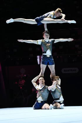 Bilder des Jahres 2022, Sport 03 März Sport Themen der Woche KW10 Sport Bilder des Tages Mens group, BEL (no order: Wannes Vlaeminck, Jonas Raus; Viktor Vermeire; Simon de Wever), during balance final at 2022 Seniors Acrobatics World Championships in Baku; 12 03 2022; *** Mens group, BEL no order Wannes Vlaeminck, Jonas Raus Viktor Vermeire Simon de Wever , during balance final at 2022 Seniors Acrobatics World Championships in Baku 12 03 2022 