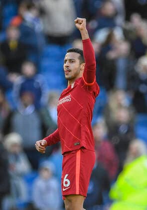 Brighton and Hove Albion v Liverpool Premier League Thiago Alcantara of Liverpool celebrates Liverpools win after the Premier League match at the American Express Community Stadium, Brighton and Hove Content Not Available For UK Newspapers Copyright: xJeremyxLandeyx FIL-16658-0156