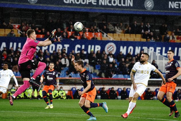 Jonas Omlin (Montpellier FC) - Andy Delort (OGC Nice) FOOTBALL : Montpellier vs OGC Nice - Ligue 1 Uber Eats - Montpellier - 12 03 2022 NorbertScanella Panoramic 