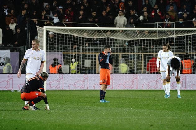 Teji Savanier (Montpellier FC) - Sacha Delaye (Montpellier FC) - Billal Brahimi (OGC Nice) - Khephren Thuram (OGC Nice) FOOTBALL : Montpellier vs OGC Nice - Ligue 1 Uber Eats - Montpellier - 12 03 2022 NorbertScanella Panoramic 