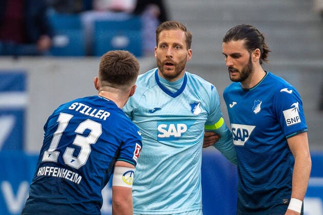 Angelo Stiller (TSG 1899 Hoffenheim, 13), Oliver Baumann (TSG 1899 Hoffenheim, 01), Florian Grillitsch (TSG 1899 Hoffenheim, 11), GER, TSG 1899 Hoffenheim vs. FC Bayern Muenchen, Fussball, Bundesliga, 26. Spieltag, Spielzeit 2021 2022, 12.03.2022, DFB DFL regulations prohibit any use of photographs as image sequences and or quasi-video., GER, TSG 1899 Hoffenheim vs. FC Bayern Muenchen, Fussball, Bundesliga, 26. Spieltag, Spielzeit 2021 2022, 12.03.2022 Sinsheim Copyright: xEibner-Pressefoto SaschaxWaltherx EP_EER