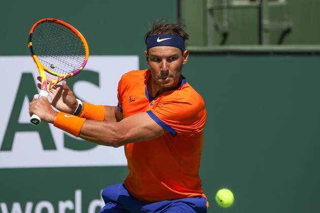 INDIAN WELLS, CA - MARCH 12: Rafael Nadal (ESP) hits a backhand during the BNP Paribas Open on March 12, 2022 at Indian Wells Tennis Garden in Indian Wells, CA. (Photo by George Walker Icon Sportswire) TENNIS: MAR 12 BNP Paribas Open Icon220312027