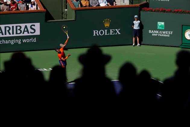 March 12, 2022 Rafael Nadal of Spain serves against Sebastian Korda during the 2022 BNP Paribas Open at Indian Wells Tennis Garden in Indian Wells, California. Mandatory Photo Credit: CSM. Indian Wells United States of America - ZUMAc04_ 20220312_zaf_c04_195 Copyright: xCharlesxBausx