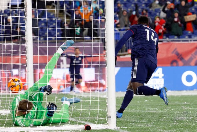 FOXBOROUGH, MA - MARCH 12: New England Revolution forward Jozy Altidore (14) runs off to celebrate his goal during a match between the New England Revolution and Real Salt Lake on March 12, 2022, at Gillette Stadium in Foxborough, Massachusetts. (Photo by Fred Kfoury III Icon Sportswire) SOCCER: MAR 12 MLS, Fussball Herren, USA - Real Salt Lake at New England Revolution Icon482220312024