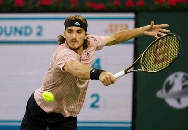 March 12, 2022 Stefanos Tsitsipas of Greece returns a shot against Jack Sock during the 2022 BNP Paribas Open at Indian Wells Tennis Garden in Indian Wells, California. Mandatory Photo Credit: CSM. Indian Wells United States of America - ZUMAc04_ 20220312_zaf_c04_357 Copyright: xCharlesxBausx