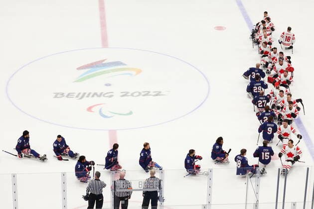(L-R) United States team group, Mannschaftsbild, Totale (USA), Canada team group (CAN), MARCH 13, 2022 - Para Ice hockey, Eishockey : Final match between United States 5-0 Canada during the Beijing 2022 Paralympic Winter games, Winterspiele,Spiele, Summer games at National Indoor Stadium in Beijing, China.  (183165568)