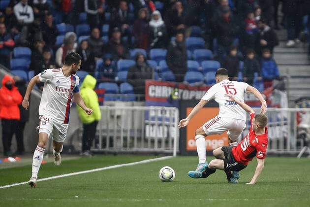 Adrien Truffert (Rennes) vs Romain Faivre (Olympique Lyonnais) FOOTBALL : Olympique Lyonnais vs Stade Rennais - Ligue 1 Uberteat - 13 03 2022 AurelienMorissard Panoramic 