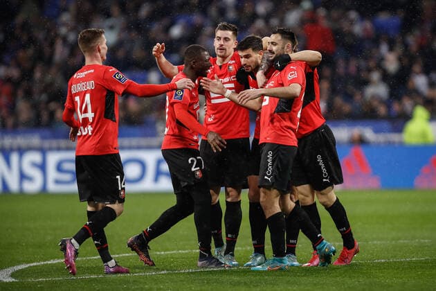 Joie des joueurs de Rennes apres le but de Martin Terrier (Rennes) FOOTBALL : Olympique Lyonnais vs Stade Rennais - Ligue 1 Uberteat - 13 03 2022 AurelienMorissard Panoramic 
