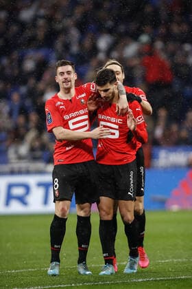 Joie des joueurs de Rennes apres le but de Martin Terrier (Rennes) FOOTBALL : Olympique Lyonnais vs Stade Rennais - Ligue 1 Uberteat - 13 03 2022 AurelienMorissard Panoramic 