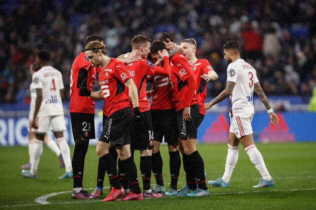 Joie des joueurs de Rennes apres le but de Martin Terrier (Rennes) FOOTBALL : Olympique Lyonnais vs Stade Rennais - Ligue 1 Uberteat - 13 03 2022 AurelienMorissard Panoramic 