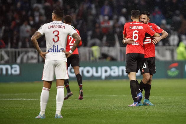 Joie des joueurs de Rennes apres le but de Martin Terrier (Rennes) FOOTBALL : Olympique Lyonnais vs Stade Rennais - Ligue 1 Uberteat - 13 03 2022 AurelienMorissard Panoramic 