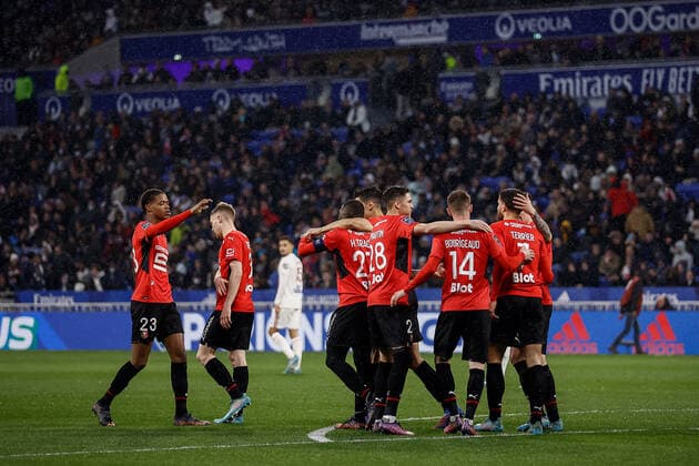 Joie des joueurs de Rennes apres le but de Martin Terrier (Rennes) FOOTBALL : Olympique Lyonnais vs Stade Rennais - Ligue 1 Uberteat - 13 03 2022 AurelienMorissard Panoramic 