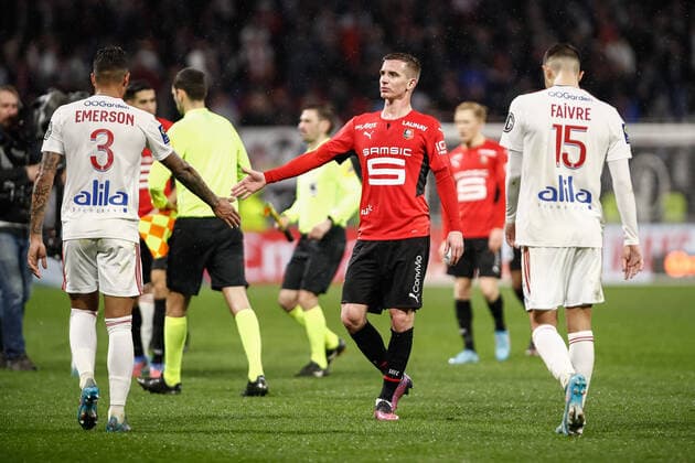 Joie des joueurs de Rennes apres leur victoire a Lyon - Benjamin Bourigeaud (Rennes) FOOTBALL : Olympique Lyonnais vs Stade Rennais - Ligue 1 Uberteat - 13 03 2022 AurelienMorissard Panoramic 