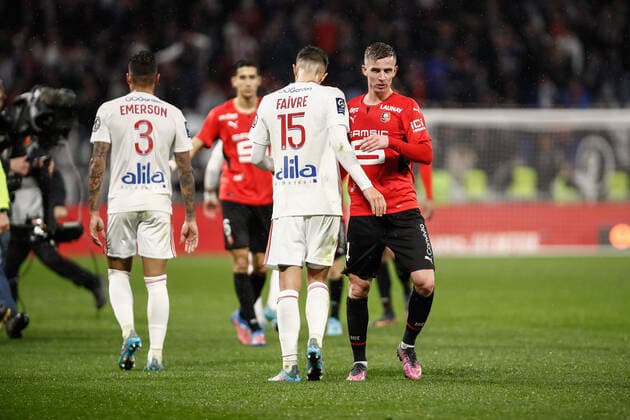 Joie des joueurs de Rennes apres leur victoire a Lyon - Benjamin Bourigeaud (Rennes) FOOTBALL : Olympique Lyonnais vs Stade Rennais - Ligue 1 Uberteat - 13 03 2022 AurelienMorissard Panoramic 