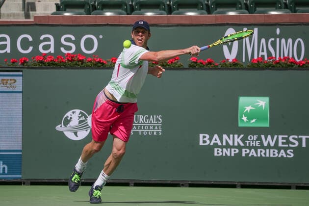 INDIAN WELLS, CA - MARCH 13: Sam Querrey (USA) hits a backhand during the BNP Paribas Open on March 12, 2022 at Indian Wells Tennis Garden in Indian Wells, CA. (Photo by George Walker Icon Sportswire) TENNIS: MAR 13 BNP Paribas Open Icon220313012