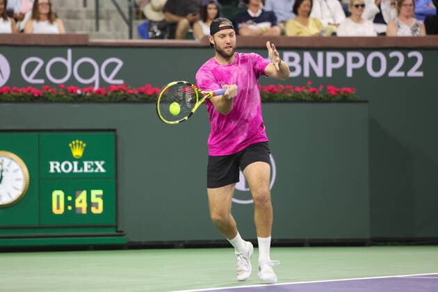 INDIAN WELLS, CA - MARCH 13: Jack Sock (USA) hits a forehand during the BNP Paribas Open on March 13, 2022 at Indian Wells Tennis Garden in Indian Wells, CA. (Photo by George Walker Icon Sportswire) TENNIS: MAR 13 BNP Paribas Open Icon220313085
