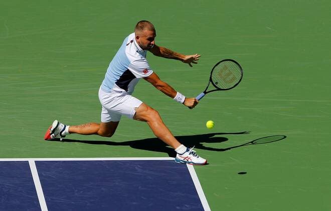Mandatory Credit: Photo by Ella Ling Shutterstock (12845056ak) Dan Evans of Great Britain in action BNP Paribas Open, Tennis, Day 6, Indian Wells Tennis Garden, California, USA - 14 Mar 2022 BNP Paribas Open, Tennis, Day 6, Indian Wells Tennis Garden, California, USA - 14 Mar 2022 Copyright: xEllaxLing Shutterstockx 12845056ak