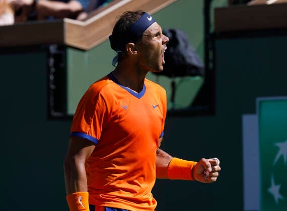 March 14, 2022 Rafael Nadal of Spain reacts to winning a point against Daniel Evans of Britain during the 2022 BNP Paribas Open at Indian Wells Tennis Garden in Indian Wells, California. Mandatory Photo Credit: CSM. Indian Wells United States of America - ZUMAc04_ 20220314_zaf_c04_016 Copyright: xCharlesxBausx