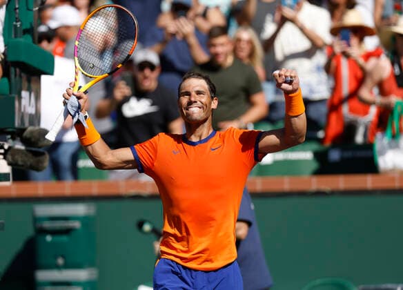 March 14, 2022 Rafael Nadal of Spain celebrates after defeating Daniel Evans of Britain during the 2022 BNP Paribas Open at Indian Wells Tennis Garden in Indian Wells, California. Mandatory Photo Credit: CSM. Indian Wells United States of America - ZUMAc04_ 20220314_zaf_c04_019 Copyright: xCharlesxBausx
