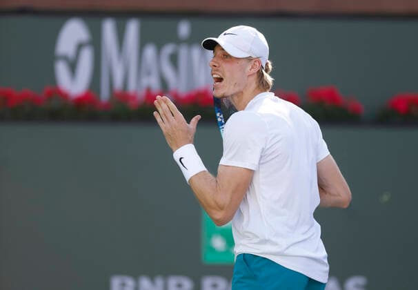March 14, 2022 Denis Shapovalov of Canada reacts to winning a point against Reilly Opelka during the 2022 BNP Paribas Open at Indian Wells Tennis Garden in Indian Wells, California. Mandatory Photo Credit: CSM. Indian Wells United States of America - ZUMAc04_ 20220314_zaf_c04_102 Copyright: xCharlesxBausx