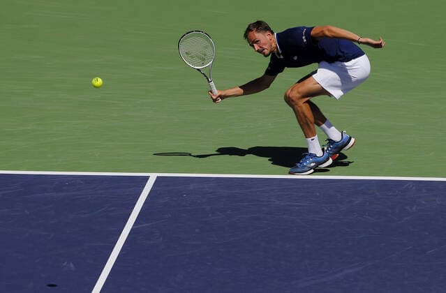 Mandatory Credit: Photo by Ella Ling Shutterstock (12845056cq) Daniil Medvedev of Russia in action BNP Paribas Open, Tennis, Day 6, Indian Wells Tennis Garden, California, USA - 14 Mar 2022 BNP Paribas Open, Tennis, Day 6, Indian Wells Tennis Garden, California, USA - 14 Mar 2022 Copyright: xEllaxLing Shutterstockx 12845056cq