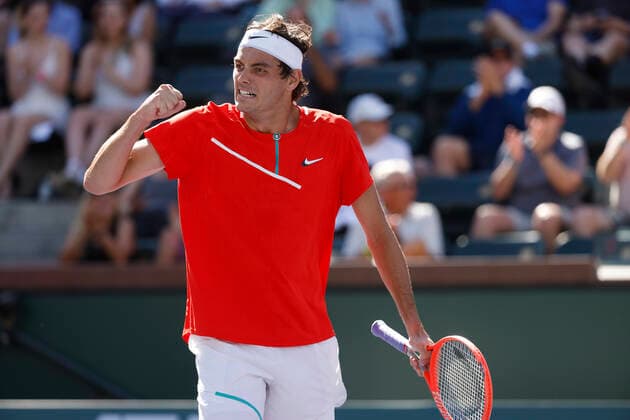 March 15, 2022 Taylor Fritz reacts to winning a point against Jaume Munar of Spain during the 2022 BNP Paribas Open at Indian Wells Tennis Garden in Indian Wells, California. Mandatory Photo Credit: CSM. Indian Wells United States of America - ZUMAc04_ 20220315_zaf_c04_087 Copyright: xCharlesxBausx