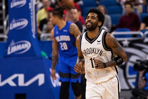 Orlando, Florida, March 15th 2022: Kyrie Irving (11 Brooklyn Nets) laughs after missing a shot during the National Basketball Association game between Orlando Magic and Brooklyn Nets at Amway Center in Orlando, Florida. Andrea Vilchez SPP Orlando Magic v Brooklyn Nets - National Basketball Association - Amway Center 
