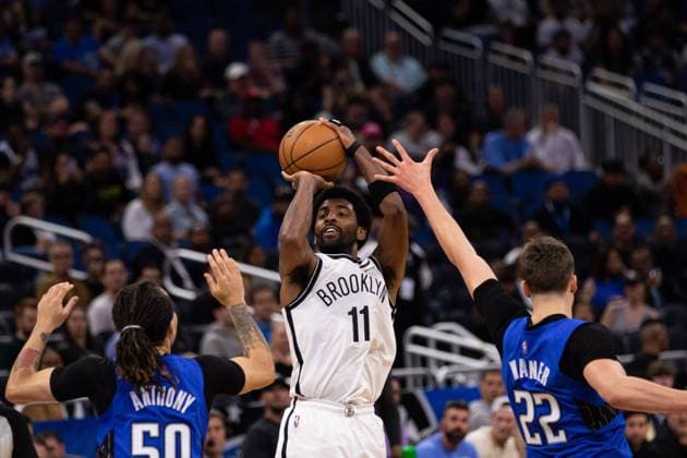Orlando, Florida, March 15th 2022: Kyrie Irving (11 Brooklyn Nets) takes a shot during the National Basketball Association game between Orlando Magic and Brooklyn Nets at Amway Center in Orlando, Florida. Andrea Vilchez SPP Orlando Magic v Brooklyn Nets - National Basketball Association - Amway Center 