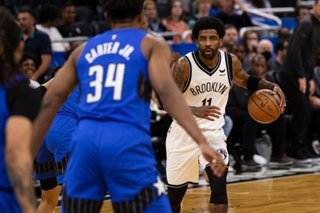 Orlando, Florida, March 15th 2022: Kyrie Irving (11 Brooklyn Nets) dribbles the ball during the National Basketball Association game between Orlando Magic and Brooklyn Nets at Amway Center in Orlando, Florida. Andrea Vilchez SPP Orlando Magic v Brooklyn Nets - National Basketball Association - Amway Center 