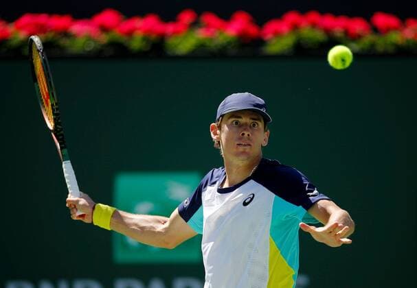 Mandatory Credit: Photo by Ella Ling Shutterstock (12845061q) Alex de Minaur of Australia in action BNP Paribas Open, Tennis, Day 8, Indian Wells Tennis Garden, California, USA - 16 Mar 2022 BNP Paribas Open, Tennis, Day 8, Indian Wells Tennis Garden, California, USA - 16 Mar 2022 Copyright: xEllaxLing Shutterstockx 12845061q