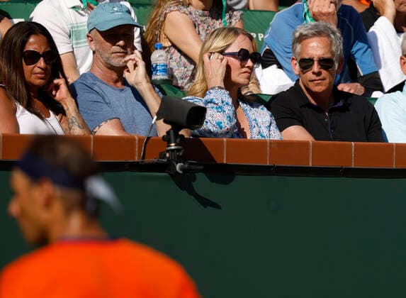 March 16, 2022 Actors Christine Taylor and Ben Stiller in attendance during the match between Rafael Nadal of Spain and Reilly Opelka during the 2022 BNP Paribas Open at Indian Wells Tennis Garden in Indian Wells, California. Mandatory Photo Credit: CSM. Indian Wells United States of America - ZUMAc04_ 20220316_zaf_c04_157 Copyright: xCharlesxBausx