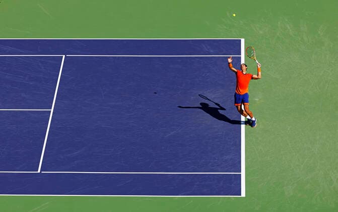 March 16, 2022 Rafael Nadal of Spain serves against Reilly Opelka during the 2022 BNP Paribas Open at Indian Wells Tennis Garden in Indian Wells, California. Mandatory Photo Credit: CSM. Indian Wells United States of America - ZUMAc04_ 20220316_zaf_c04_134 Copyright: xCharlesxBausx