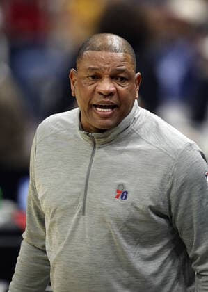 Philadelphia 76ers head coach Doc Rivers coaches against the Cleveland Cavaliers at Rocket Mortgage Field House in Cleveland, Ohio on Wednesday, March 16, 2022.  CLE202203161124 AARONxJOSEFCZYK